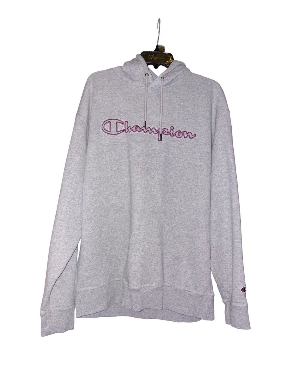 Champion Light Gray Pullover Hoodie with Red Script Logo